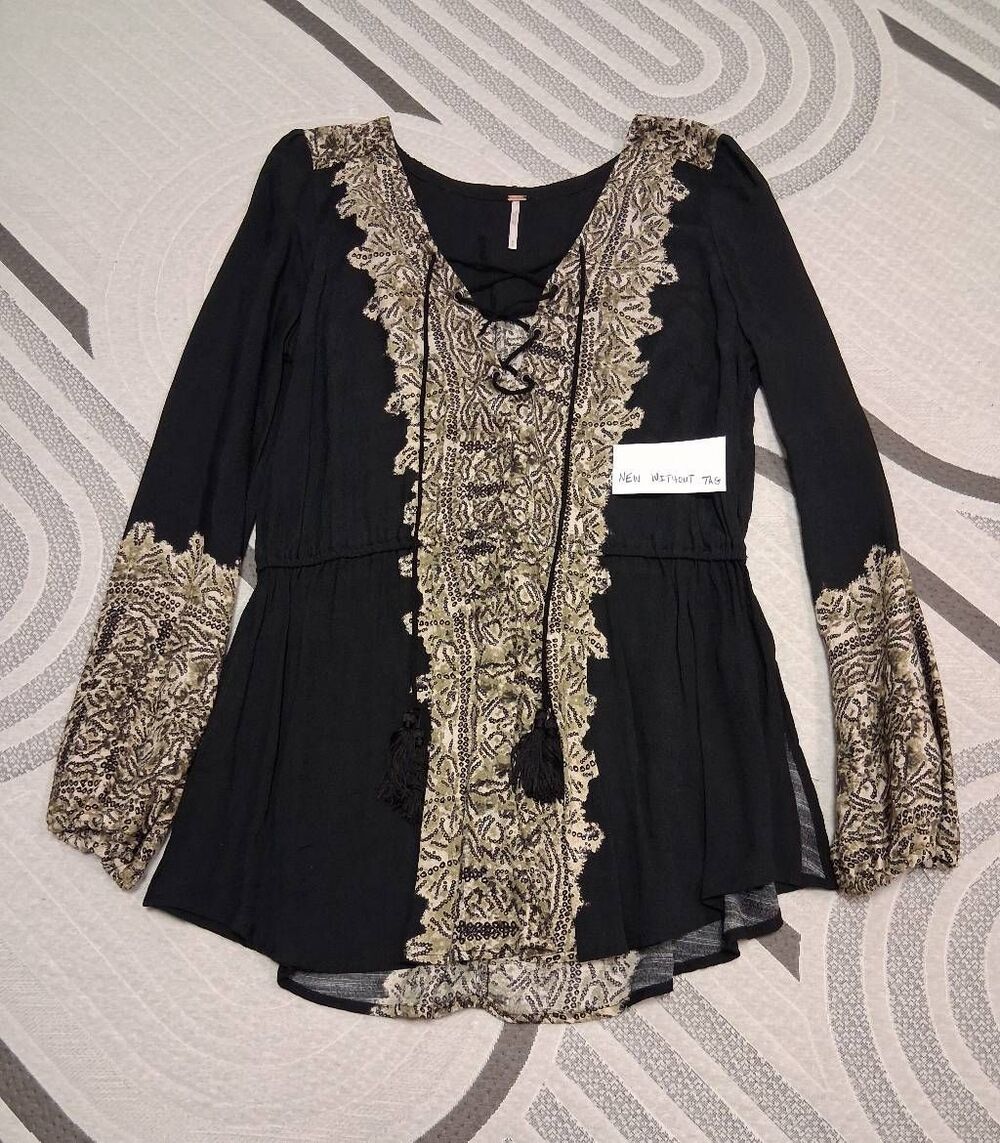 Free People womens medium tunic top gypsy boho green black tassels